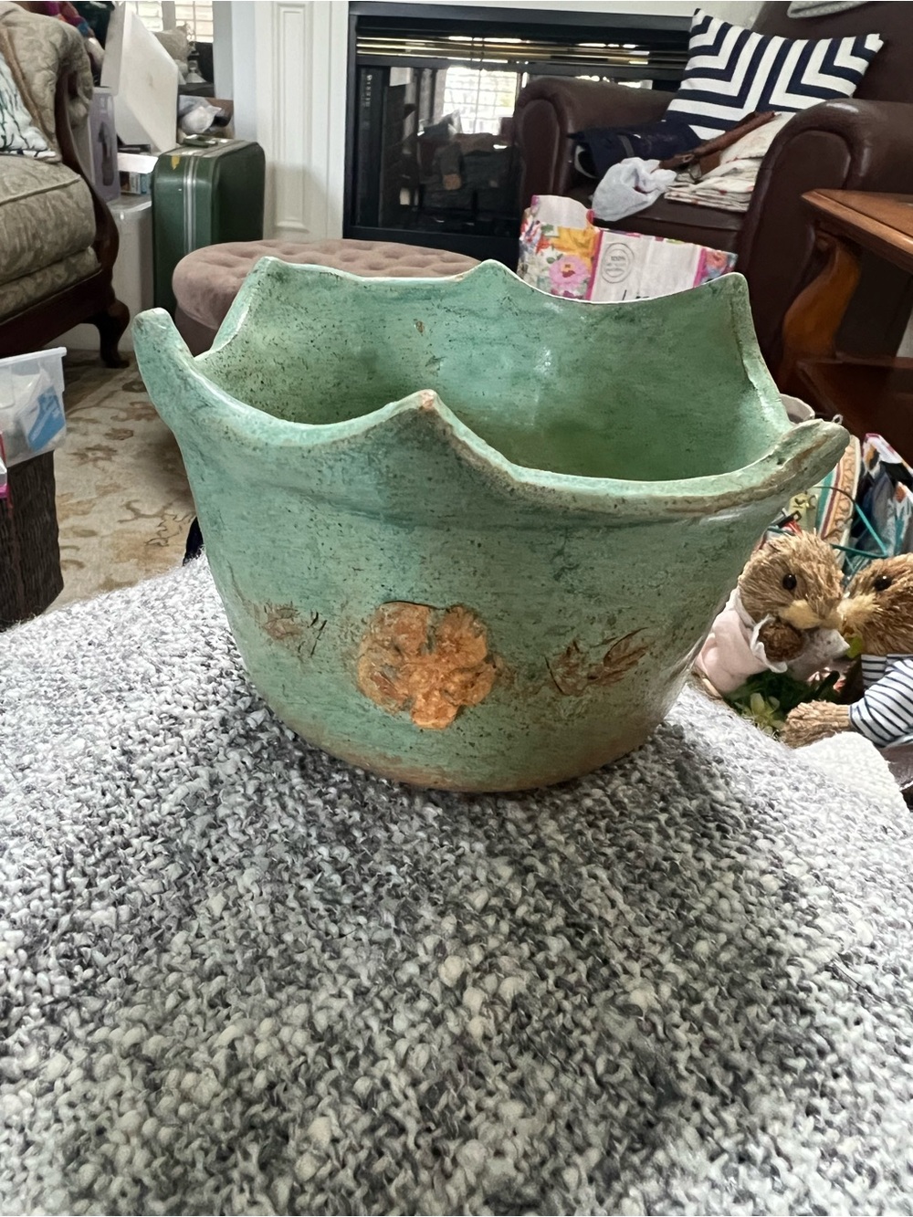Green Decorative Mixed-Media Bowl with Floral Accents